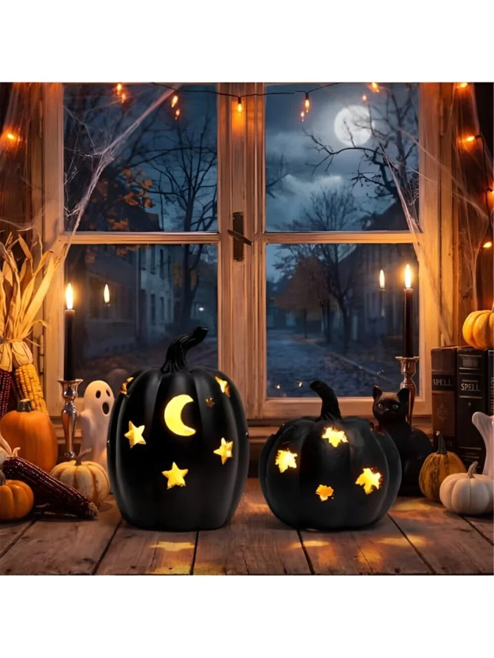 2 PCS Black Resin Light‑Up Pumpkin Figurine,5.3